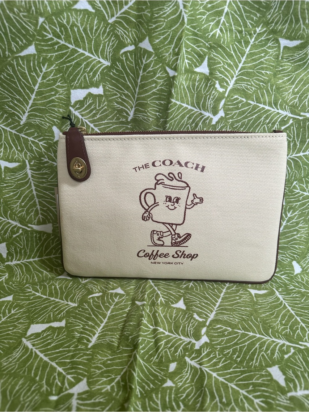 Coach Cream Canvas Coffee Shop Pouch with Brown Trim